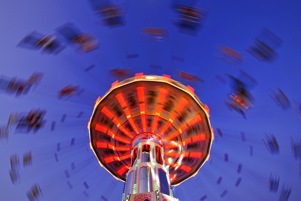 Night scene, fisheye shot, Chair-O-Planes or Swing Carousel, Cannstatt Festival, Stuttgart Beer Festival, Stuttgart, Baden-Wuerttemberg, Germany, Europe