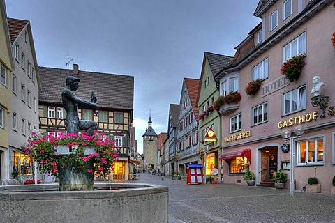 Marktstrasse street with the Oberer Torturm tower at night, Schiller town Marbach am Neckar, Baden-Wuerttemberg, Germany, Europe