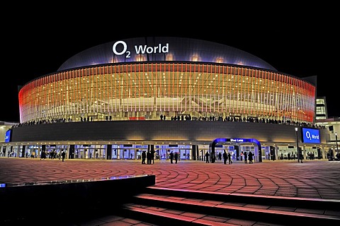 O2 World, a multi-purpose indoor arena for up to 17000 spectators, night scene, Berlin, Germany, Europe