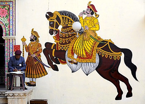 Guard in front of the mural of a horse with a rider in the city palace, Udaipur, Rajasthan, North India, India, South Asia, Asia