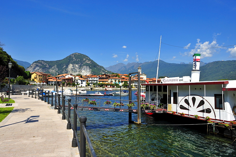 Townscape with a paddle steamer ship restaurant, Feriolo, Lake Maggiore, Piedmont, Italy, Europe