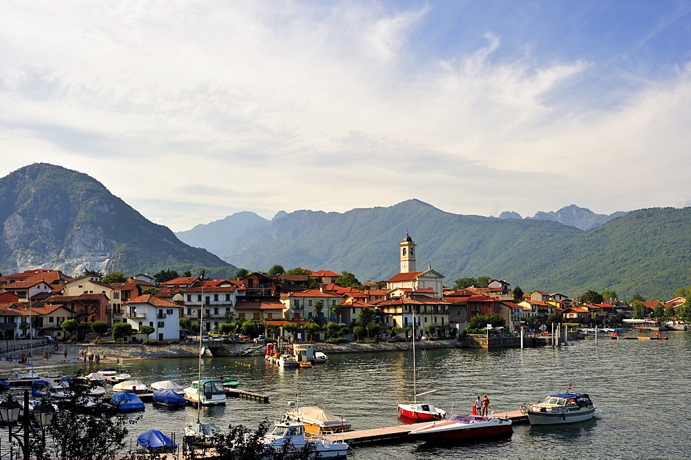 Townscape with port, Feriolo, Lake Maggiore, Piedmont, Italy, Europe