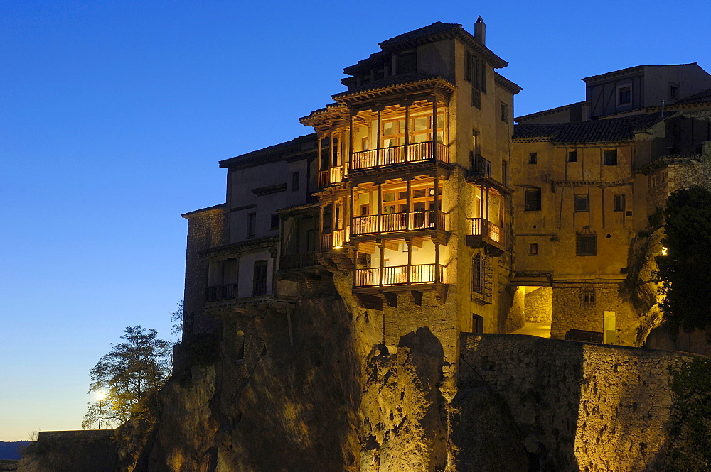 The Hanging Houses at dusk, Cuenca, UNESCO World Heritage Site, Castilla-La Mancha, Spain, Europe