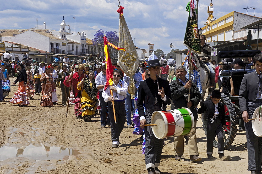 Pilgrims at El Rocio village, "Romeria", pilgrimage, to El Rocio, Almonte, Huelva province, Andalucia, Spain, Europe