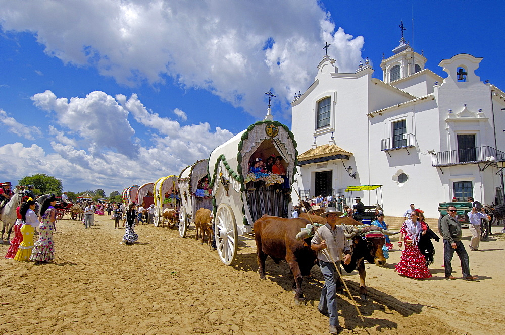 Pilgrims at El Rocio village, "Romeria", pilgrimage, to El Rocio, Almonte, Huelva province, Andalucia, Spain, Europe