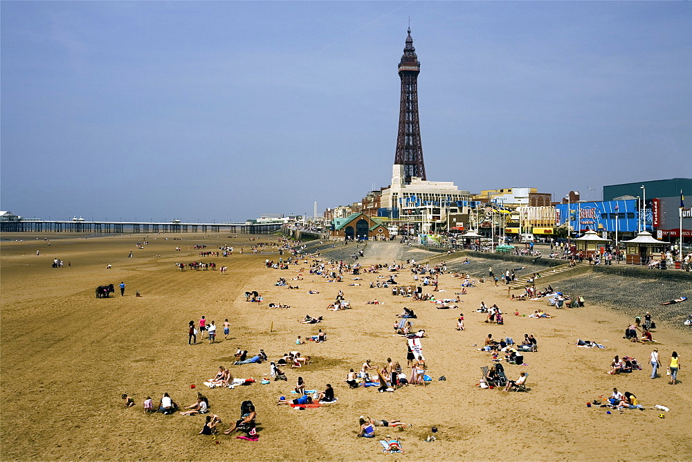 Blackpool Beach and Tower, Lancashire, England, United Kingdom, Europe