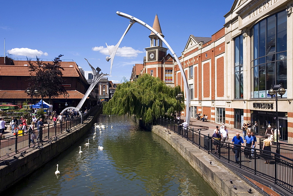 Waterside with Empowerment Sculpture and River Witham, Lincoln, Lincolnshire, England, United Kingdom, Europe