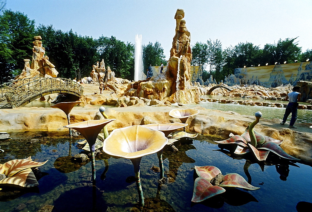 Walkable fantasy landscape with water plants, Warner Brothers Movie World 2003, now Movie Park Germany, Bottrop Kirchhellen, Ruhr area, North Rhine-Westphalia, Germany, Europe