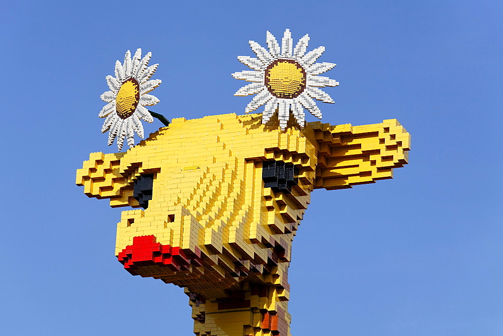 Head of a giraffe made of Lego bricks, Legoland Discovery Center Duisburg, inner harbor, Duisburg, Ruhrgebiet area, North Rhine-Westphalia, Germany, Europe