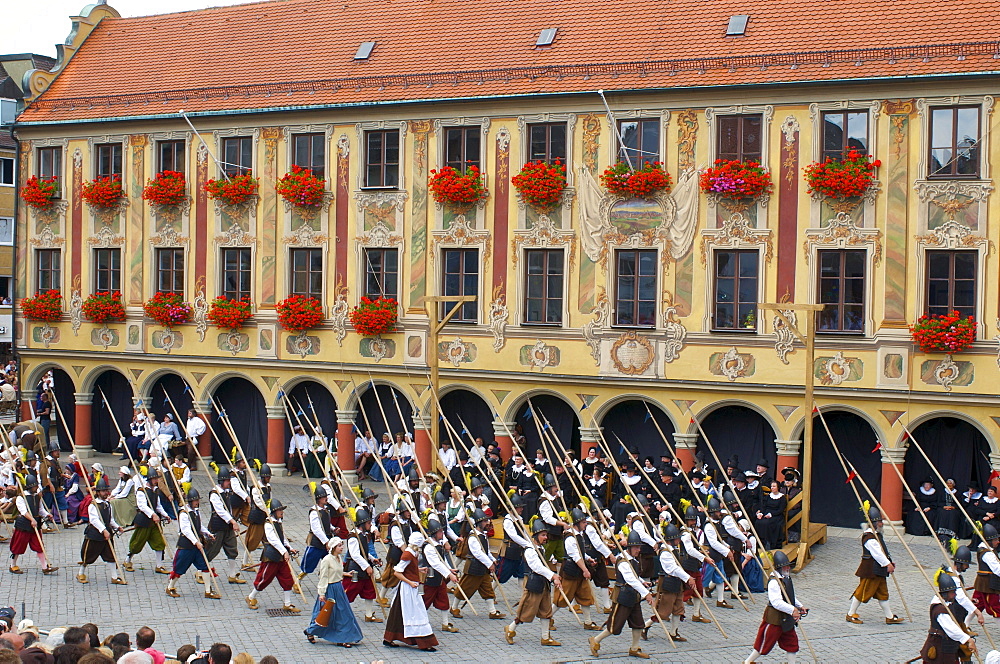 Wallenstein's 1630 procession in front of the Tax House building on the market square in Memmingen, Allgaeu, Bavaria, Germany, Europe