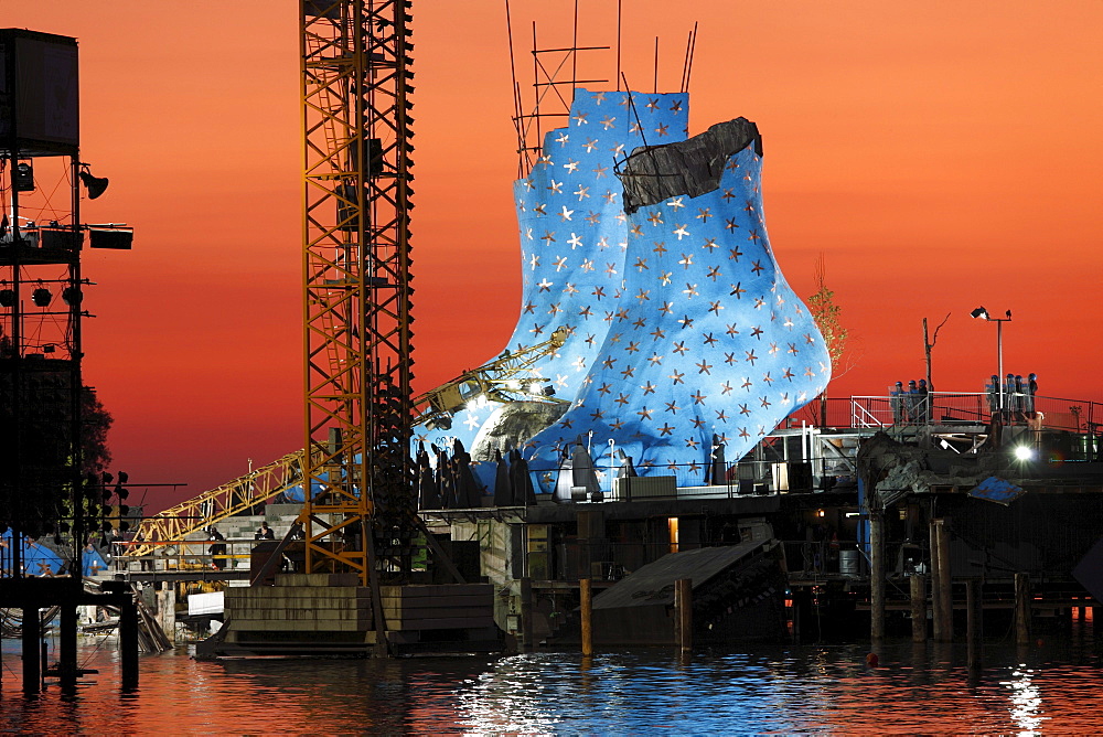 Stage for the opera Aida, Seebuehne Bregenz floating stage, Bregenzer Festspiele Festival, Lake Constance, Vorarlberg, Austria, Europe