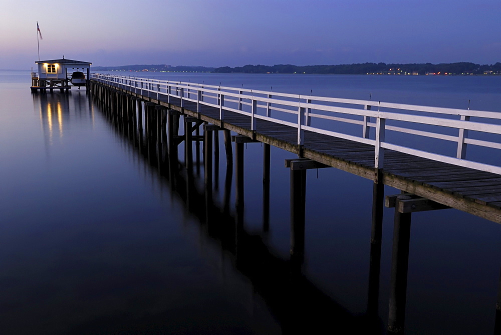 Evening mood at the Kiel Fjord, dock and boathouse at dusk, state capital, Kiel, Schleswig-Holstein, Germany, Europe