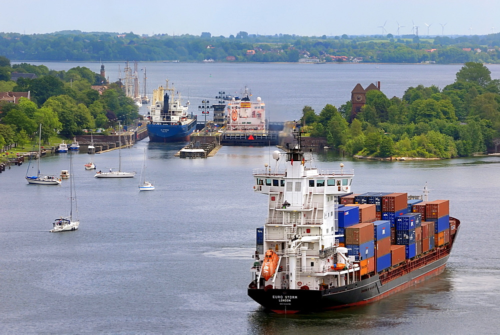 Shipping traffic at the Holtenau lock, Kiel Canal, Schleswig-Holstein, Germany, Europe