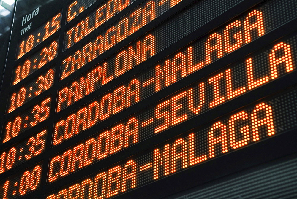 Departure times of Renfe trains in Atocha Station, Madrid, Spain, Europe