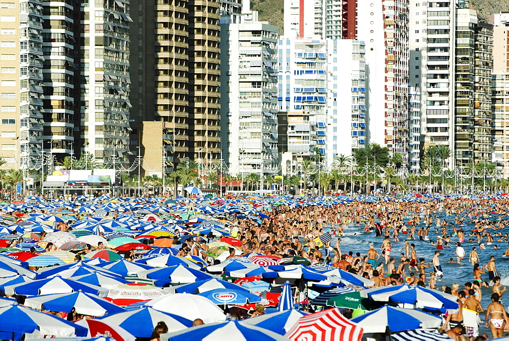 Tourists crowding Benidorm's Playa Levante beach during the main tourist season, Costa Blanca, Spain, Europe