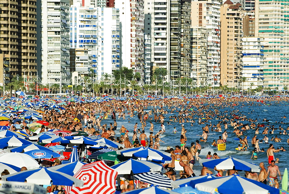 Tourists crowding Benidorm's Playa Levante beach during the main tourist season, Costa Blanca, Spain, Europe