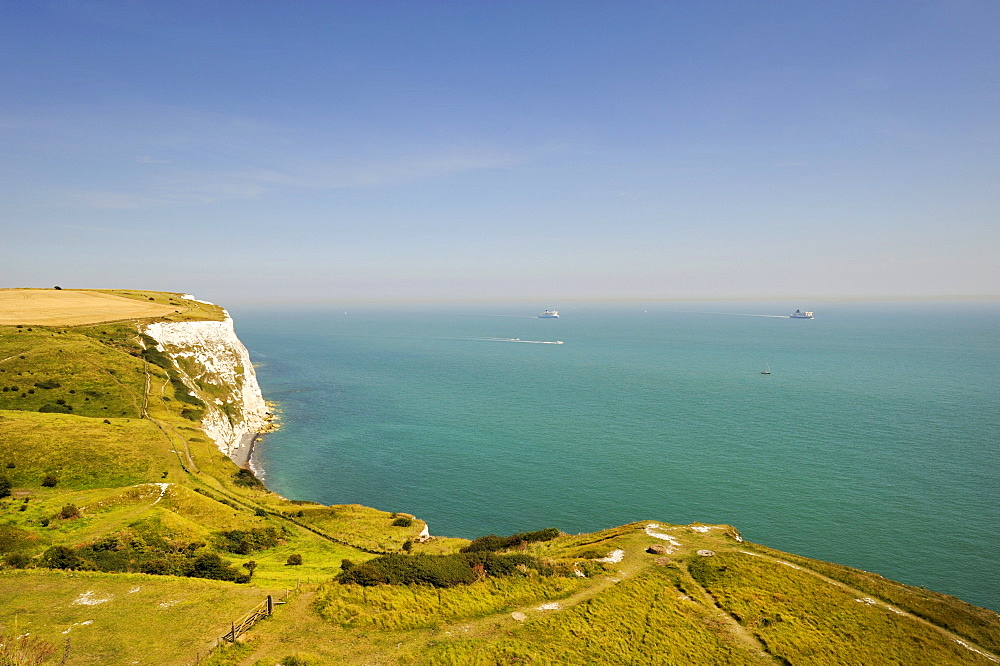 View of the White Cliffs of Dover and across the Channel, Kent, England, UK, Europe