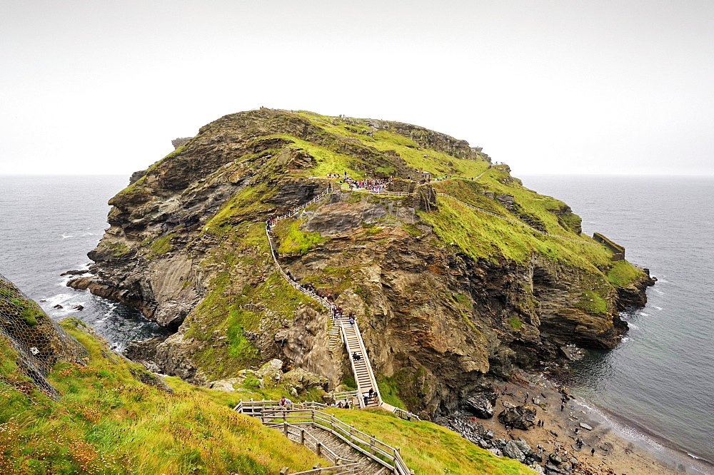 View of the peninsula with the remains of Tintagel Castle, Cornwall, England, UK, Europe