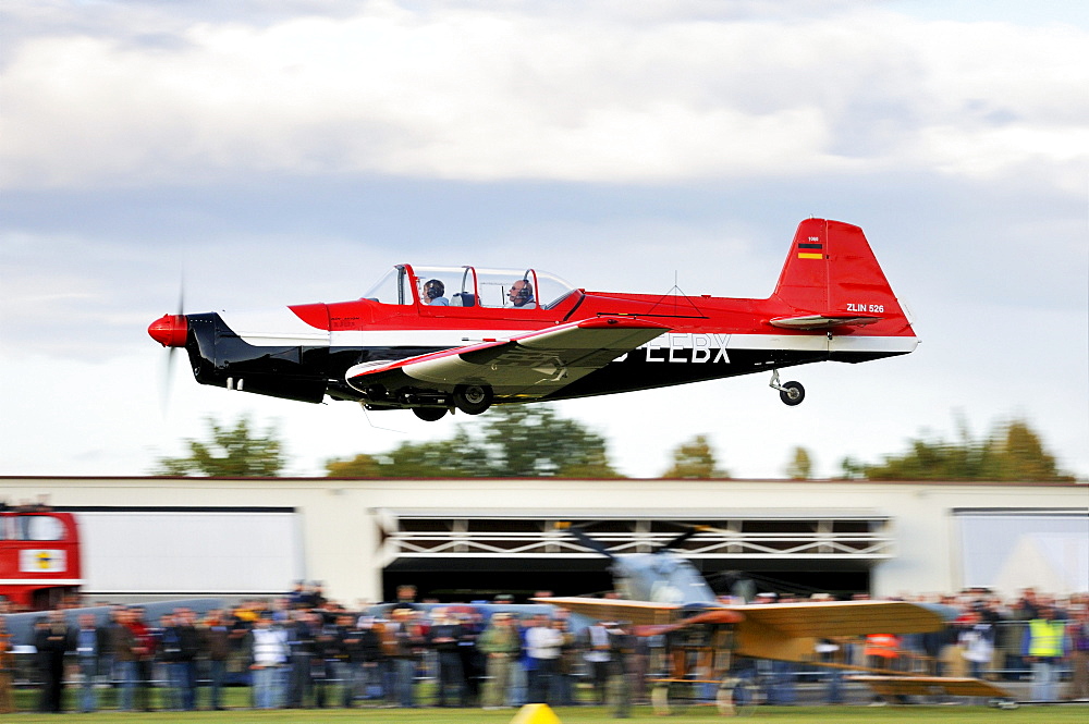 Czech sports and aerobatic aircraft Zlin Z-526 immediately after take-off, Europe's largest meeting of vintage planes at Hahnweide, Kirchheim-Teck, Baden-Wuerttemberg, Germany, Europe