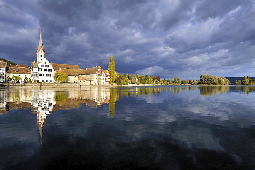 View of the shore of the Rhine river with the historic old town of Stein am Rhein, Canton Schaffhausen, Switzerland, Europe