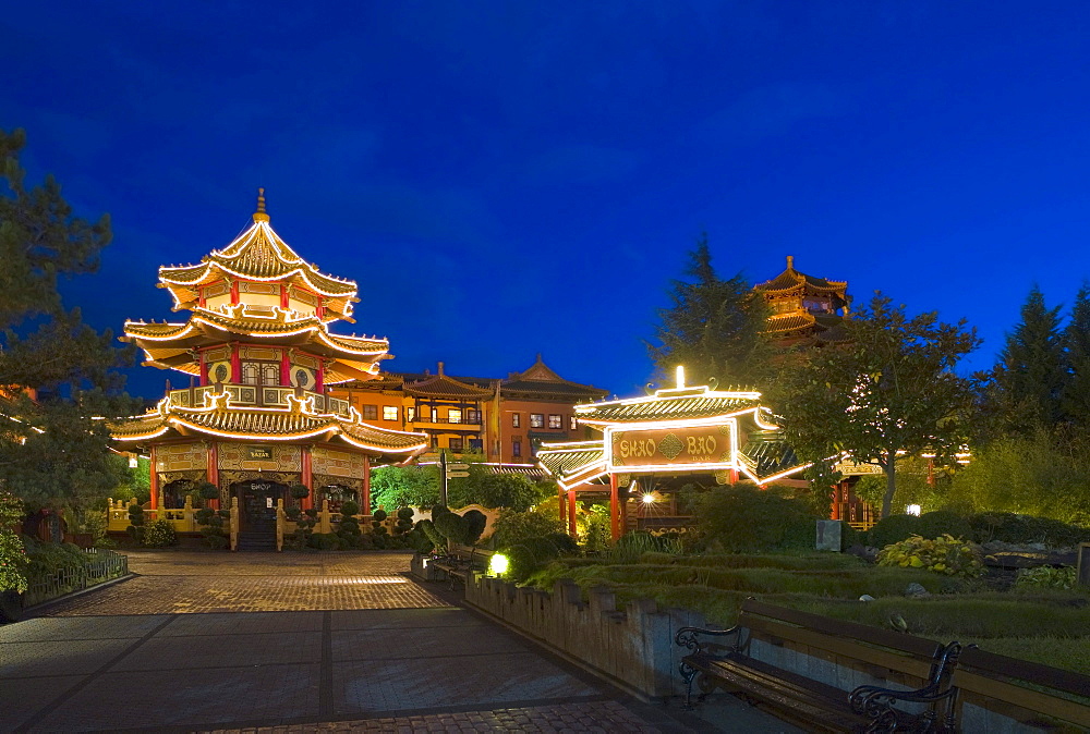 Pagoda, souvenir shop in Chinatown, Phantasialand, Bruehl, Nordrhein-Westfalen, Germany, Europe