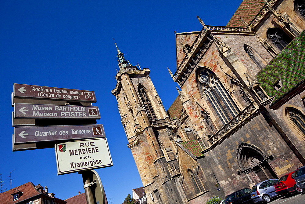 View of St. Martin's Cathedral, historic town centre of Colmar, Alsace, France, Europe