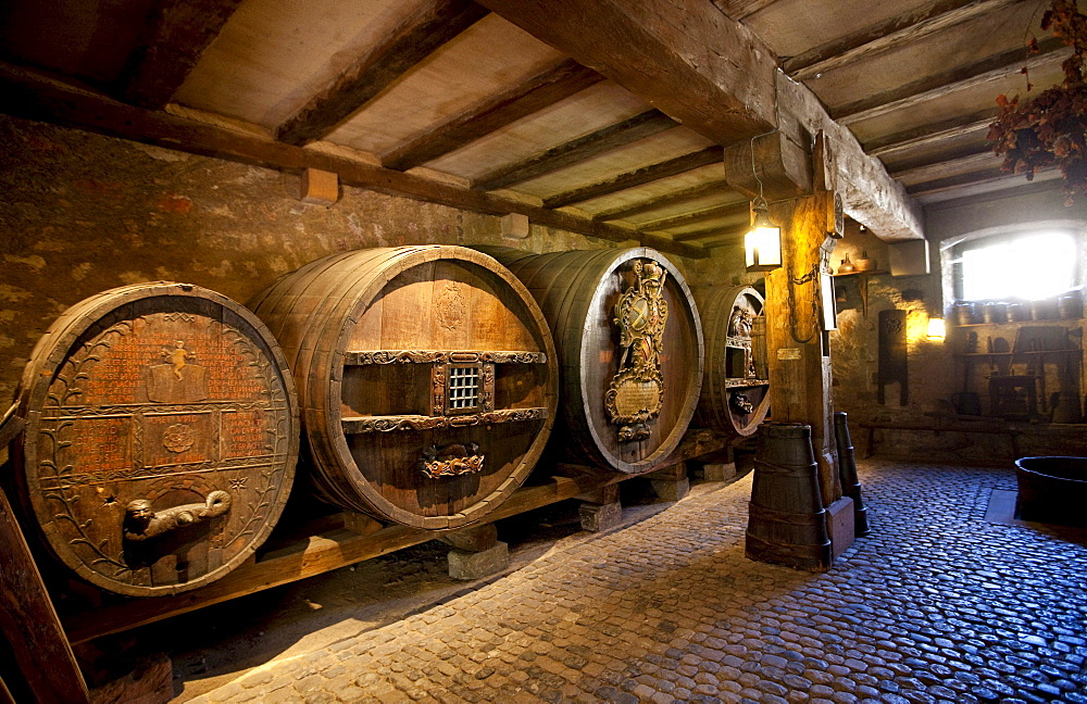 Old wine barrels, Unterlinden, Rue d'Unterlinden, Colmar, Alsace, France, Europe