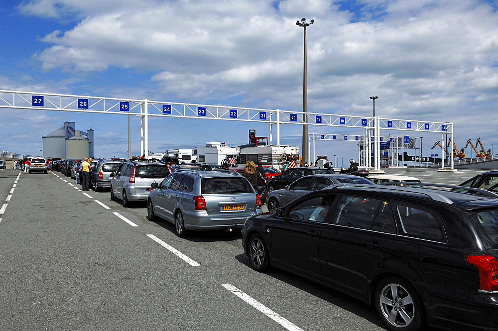 Cars waiting to board the car ferry from Calais-Dover, Calais, France, Europe