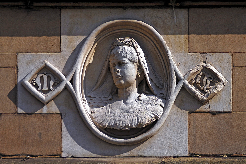 Relief of Mary of Teck, 1867-1953, on a building, Bore Street, Lichfield, Staffordshire, England, United Kingdom, Europe