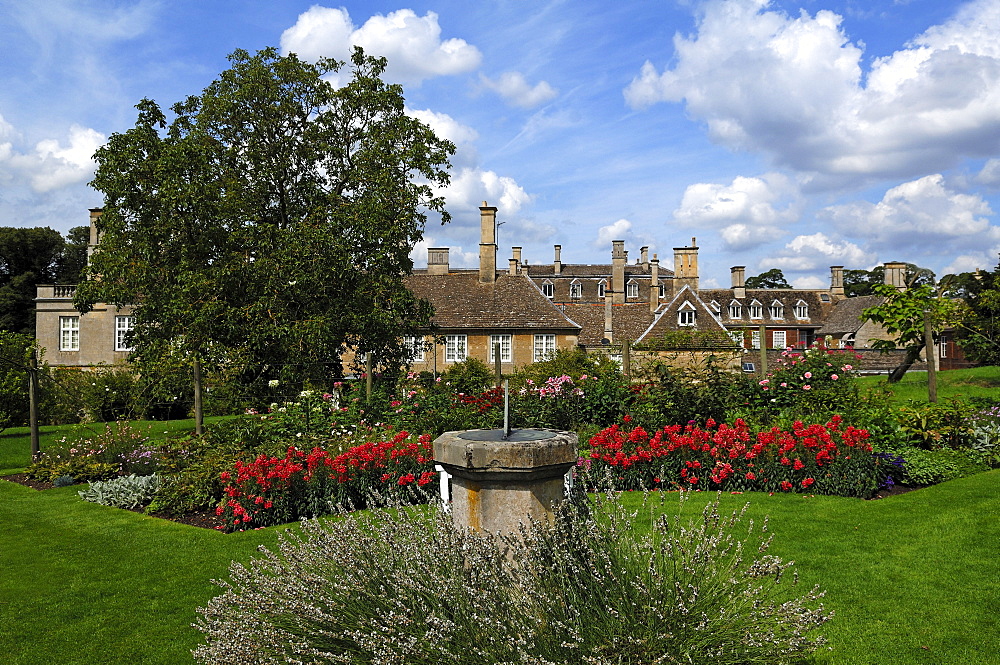 "Boughton House", in the front the rose garden with a sundial, Geddington, Kettering, Northamptonshire, England, United Kingdom, Europe