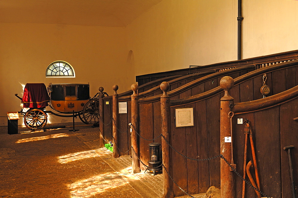 Stable of ""Boughton House, in the back a dress coach, carriage for special occasions, from 1830, Geddington, Kettering, Northamptonshire, England, United Kingdom, Europe