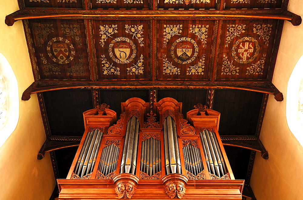 Old organ and coffered ceiling of the Trinity College Chapel in Trinity College, founded by Henry VIII in 1546, Trinity Street, Cambridge, Cambridgeshire, England, United Kingdom, Europe