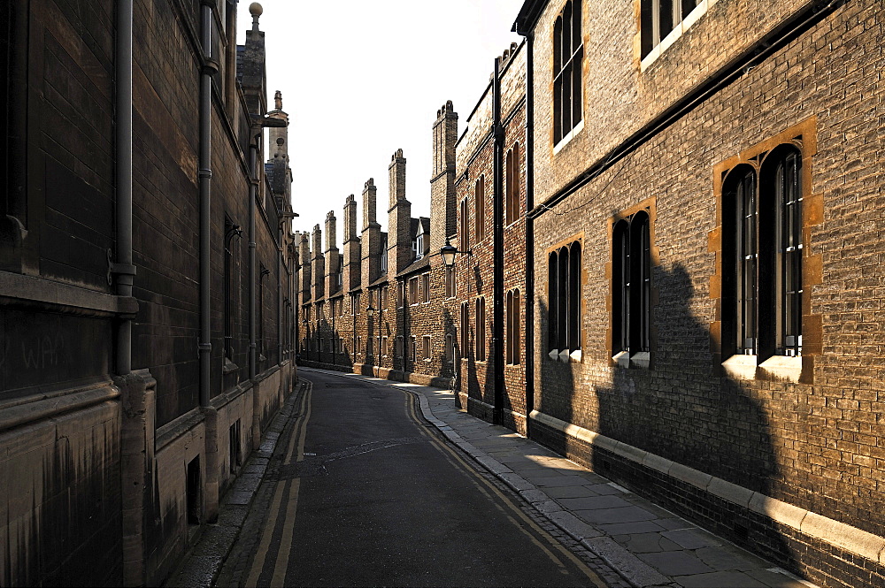 Deserted alleyway with old houses and fireplace chimneys, Trinity Lane, Cambridge, Cambridgeshire, England, United Kingdom, Europe