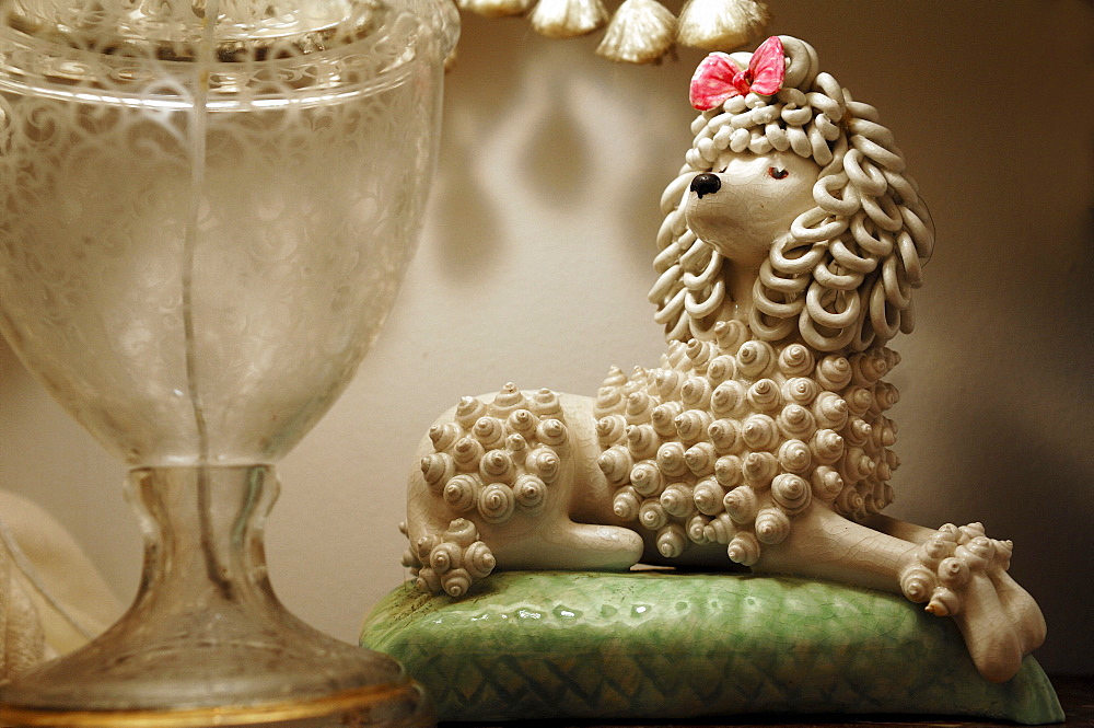 Porcelain poodle, lying on a green cushion, old hand-made porcelain figure from around 1940, Armscote, Warwickshire, England, United Kingdom, Europe