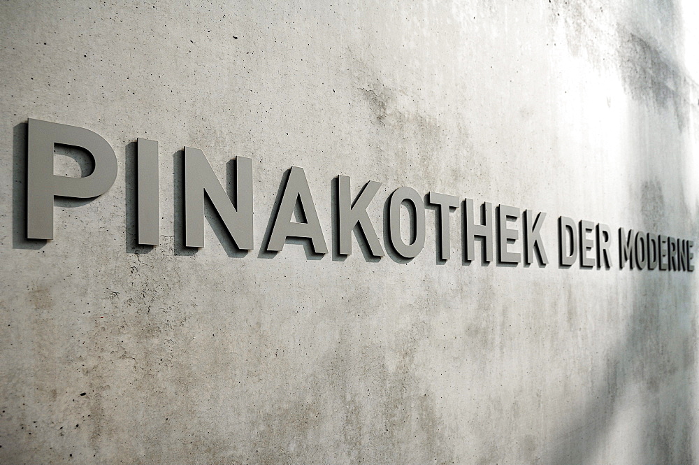 Signage, Pinakothek der Moderne on the concrete facade of the museum, Barer Strasse 40, Munich, Bavaria, Germany, Europe