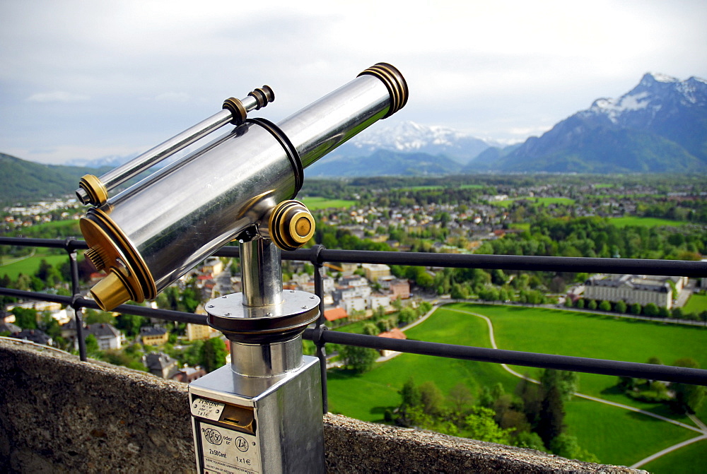 Binoculars, view from the Festung Hohensalzburg fortress over the landscape, Salzburg, Salzburger Land state, Austria, Europe