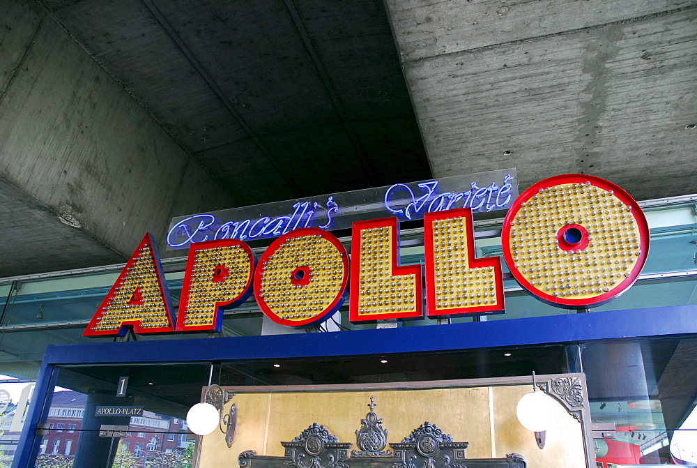 Roncalli's Apollo Variete, cabaret bar, cafe and restaurant under the Rheinkniebruecke bridge, Carlstadt, Duesseldorf, North Rhine-Westphalia, Germany, Europe