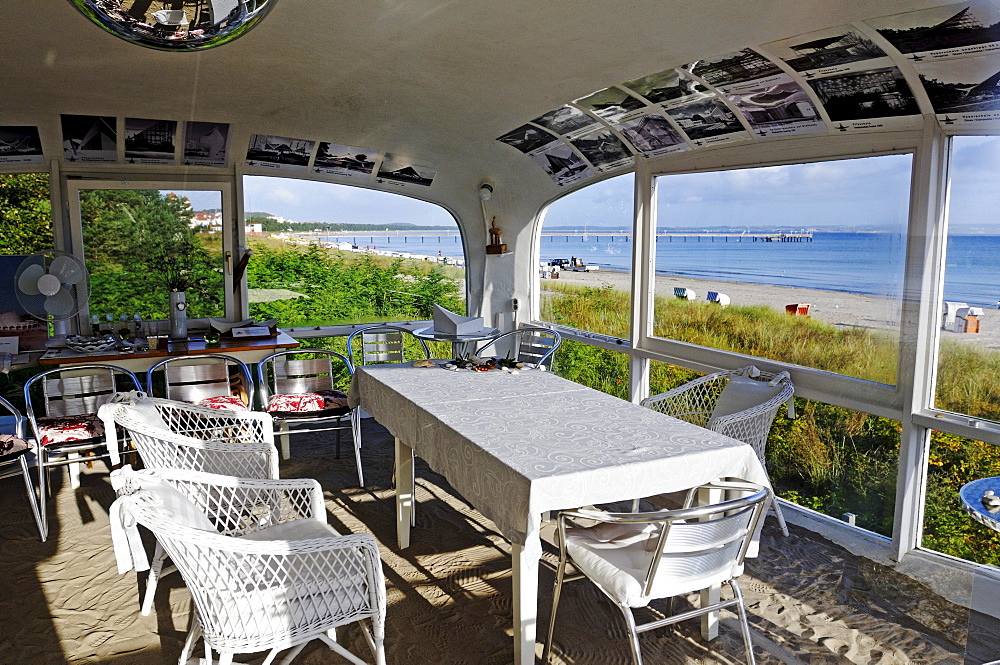 Former coastguard station by the architect Ulrich Muether on the beach of the Baltic resort Binz, Ruegen Island, Mecklenburg-Western Pomerania, Germany, Europe