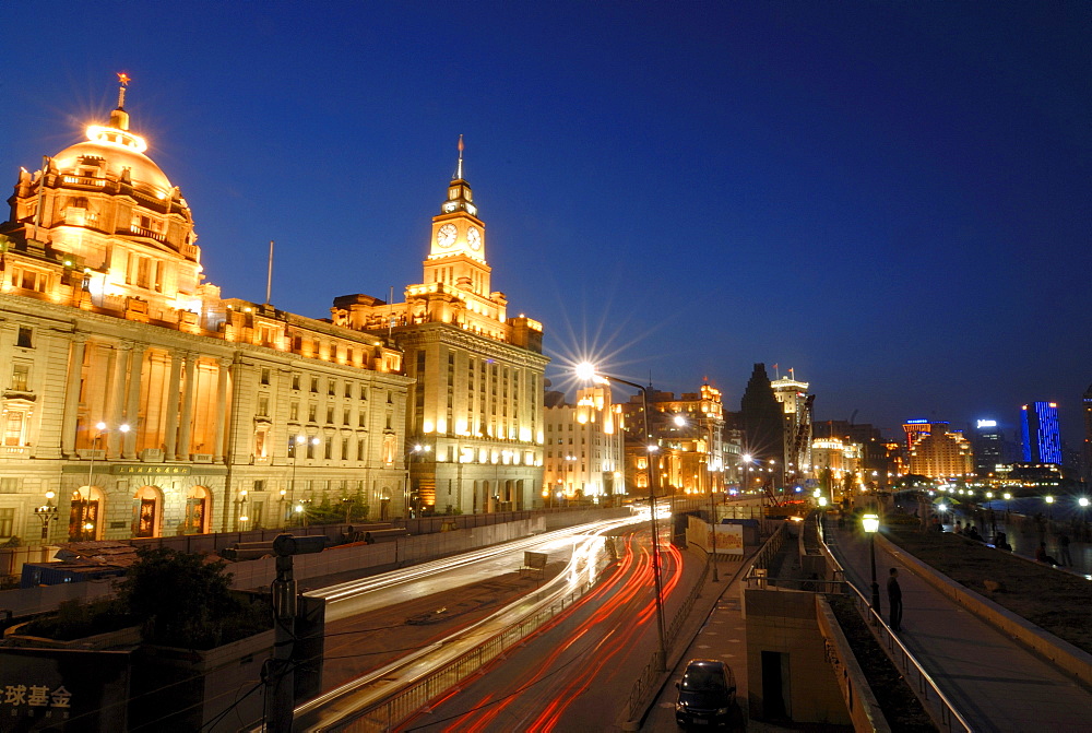 The illuminated Bund promenade at night, avenue in Shanghai, with HSBC Building, and China Merchants Bank Building, China, Asia