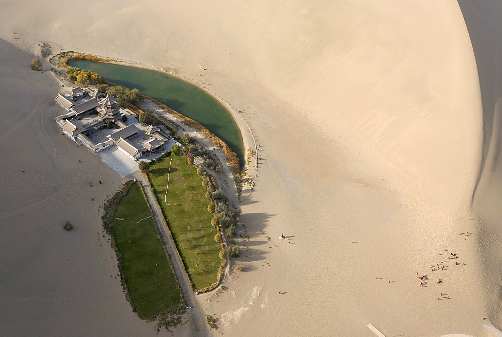 Aerial view of Crescent Lake in the Gobi Desert, Dunhuang, Gansu, China