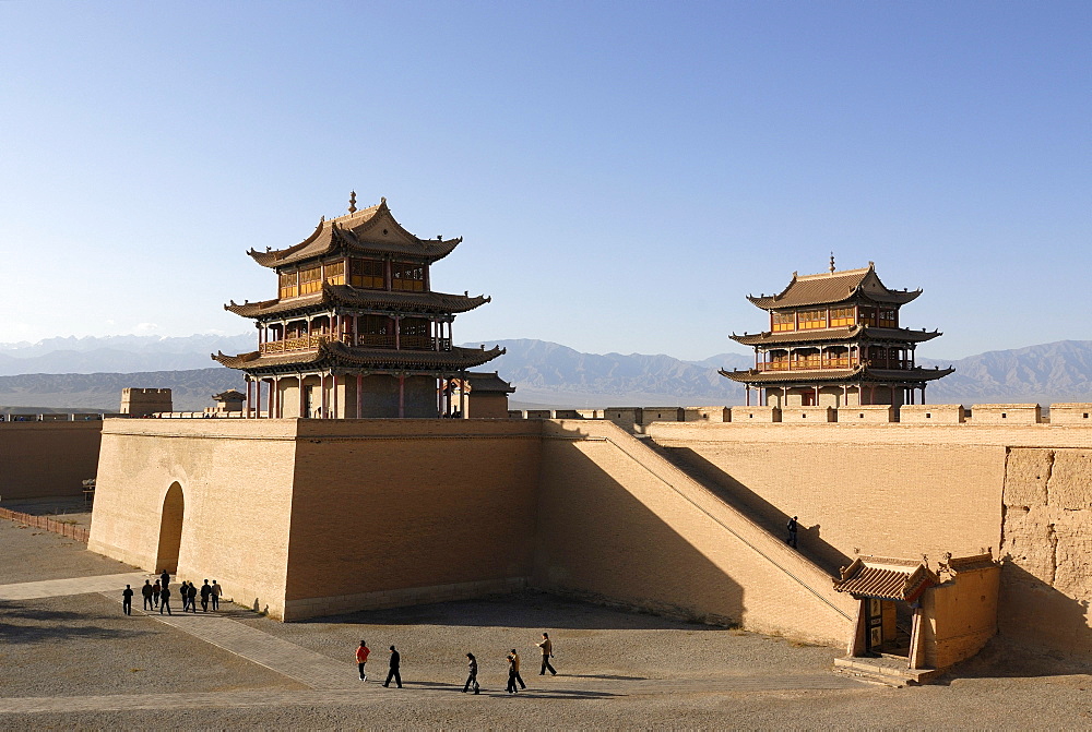 Jiayuguan fortress with two gatehouses at the western end of the Great Wall, Silk Road, Gansu, China, Asia