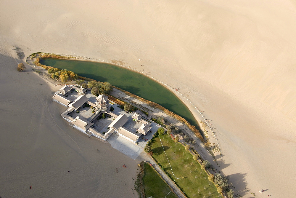 Aerial view of Crescent Lake in the Gobi Desert, Silk Road, Dunhuang, Gansu, China, Asia