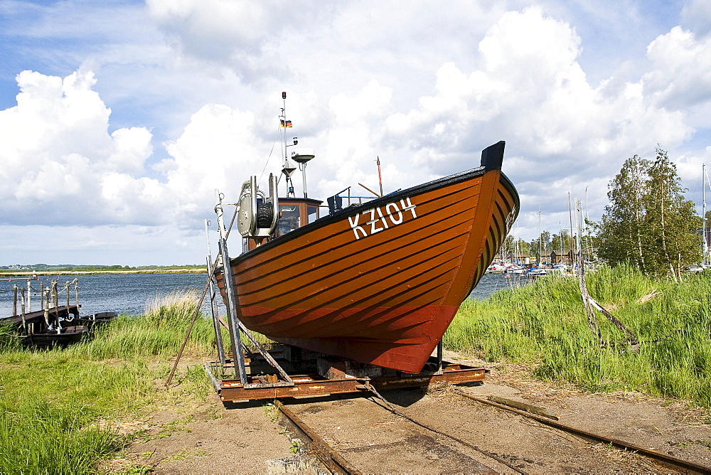 Fishing boat on a slipway, Gager, Mecklenburg-Western Pomerania, Germany, Europe