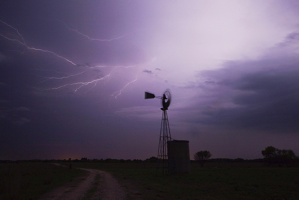 Wind mill with lightning, Sinton, Corpus Christi, Coastal Bend, Texas, USA