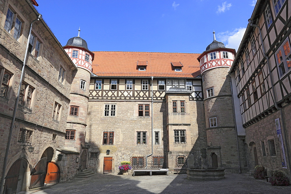 Courtyard of the castle Schloss Bertholdsburg castle at Schleusingen, Hildburghausen district, Thuringia, Germany