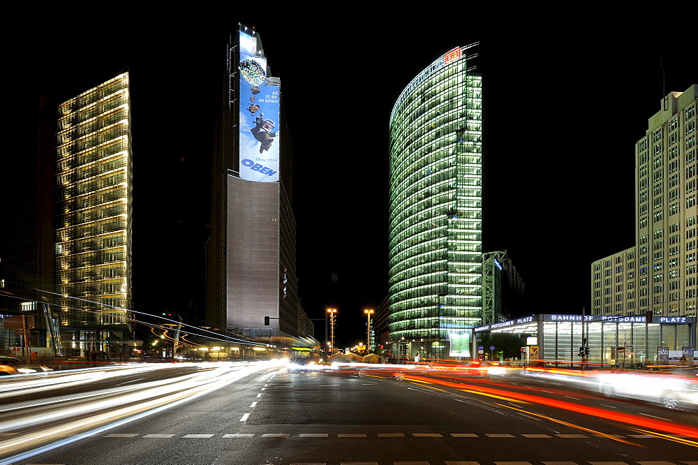 High-rise buildings, the Sony Center at night with light trails, Berlin, Germany, Europe