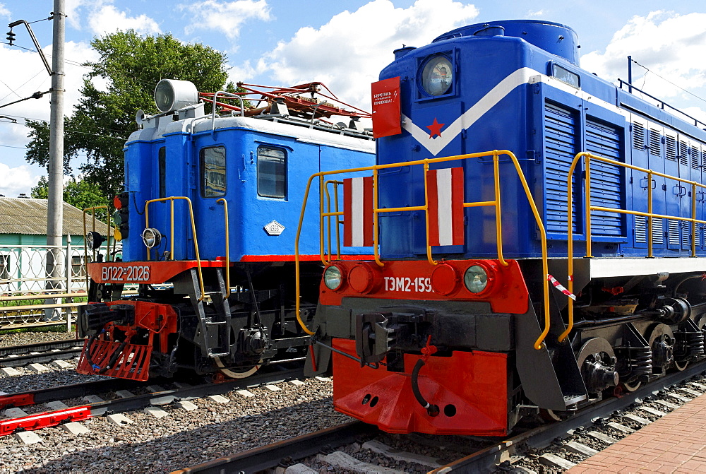 Two Soviet diesel and electric locomotives as exhibits of the Moscow Railway Museum, Moscow, Russia