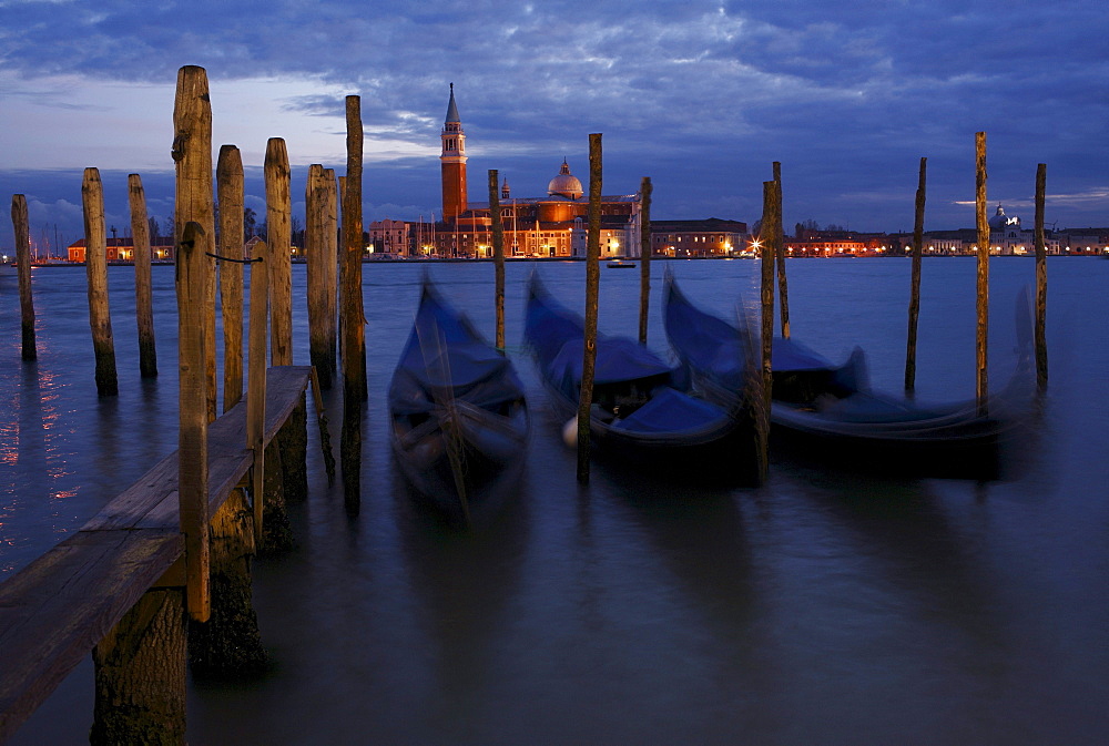 Gondolas at dawn, St. Mark's Square, Venice, Italy, Europe