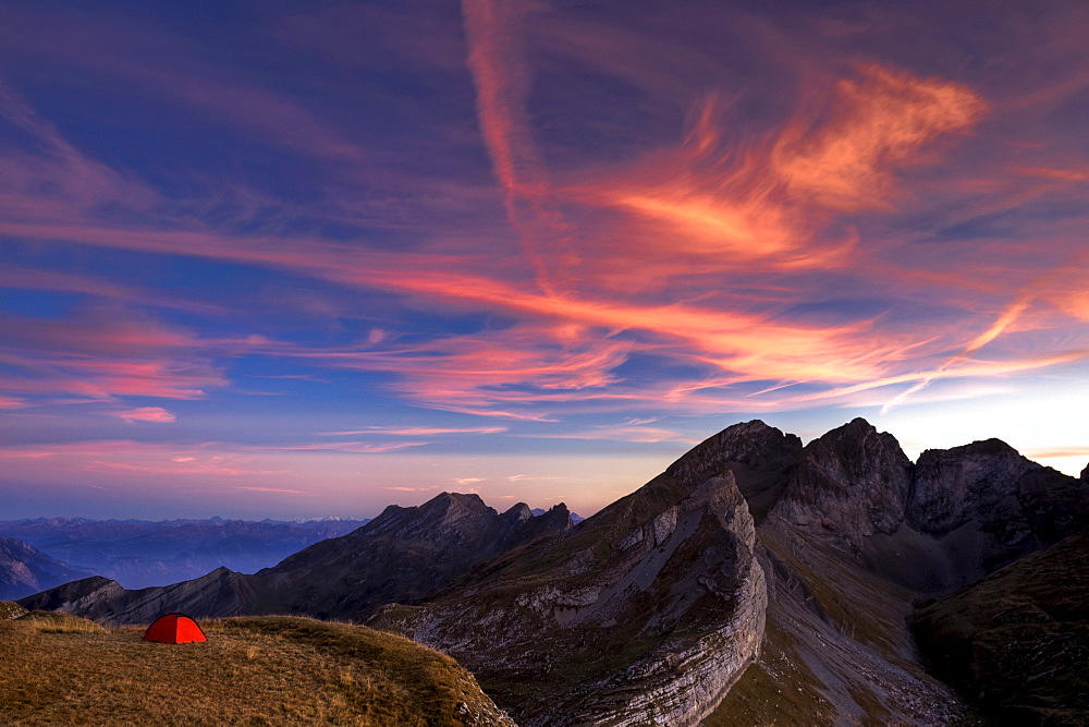 Evening in the Swiss eastern Alps on Mt. Margelkopf above the Rhine Valley, Switzerland, Europe