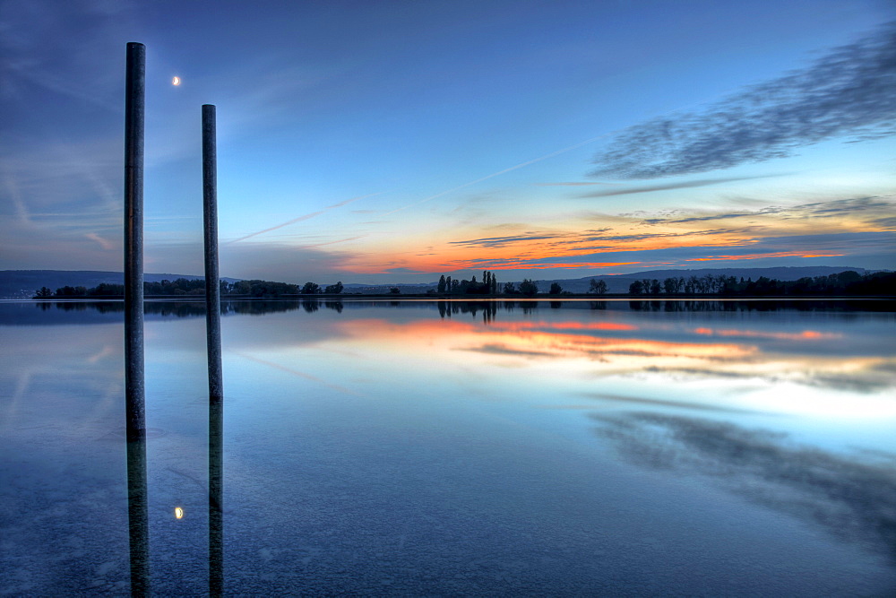 Evening mood with crescent moon at Markelfingen at Lake Constance, Baden-Wuerttemberg, Germany, Europe